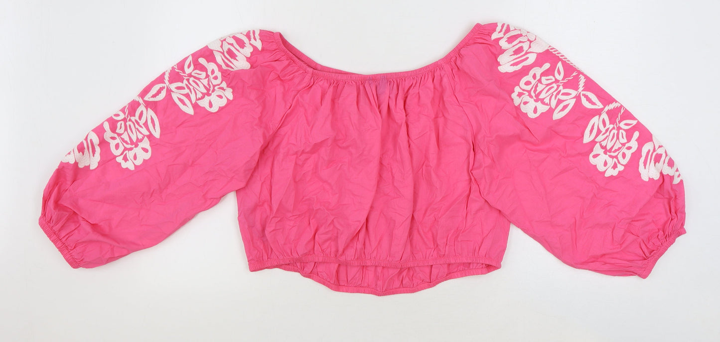 Marks and Spencer Womens Pink Floral 100% Cotton Cropped Blouse Size 20 Off the Shoulder