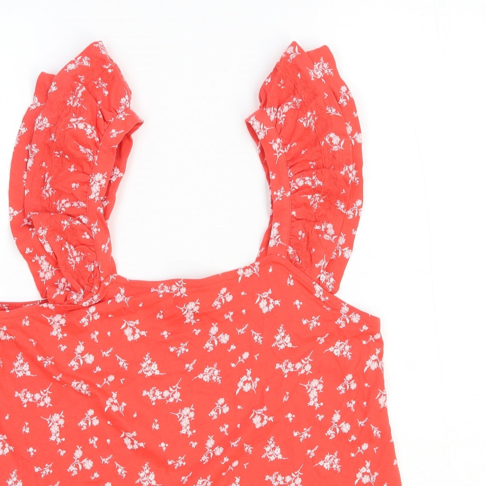 Marks and Spencer Womens Red Floral 100% Cotton Basic Tank Size 10 Square Neck