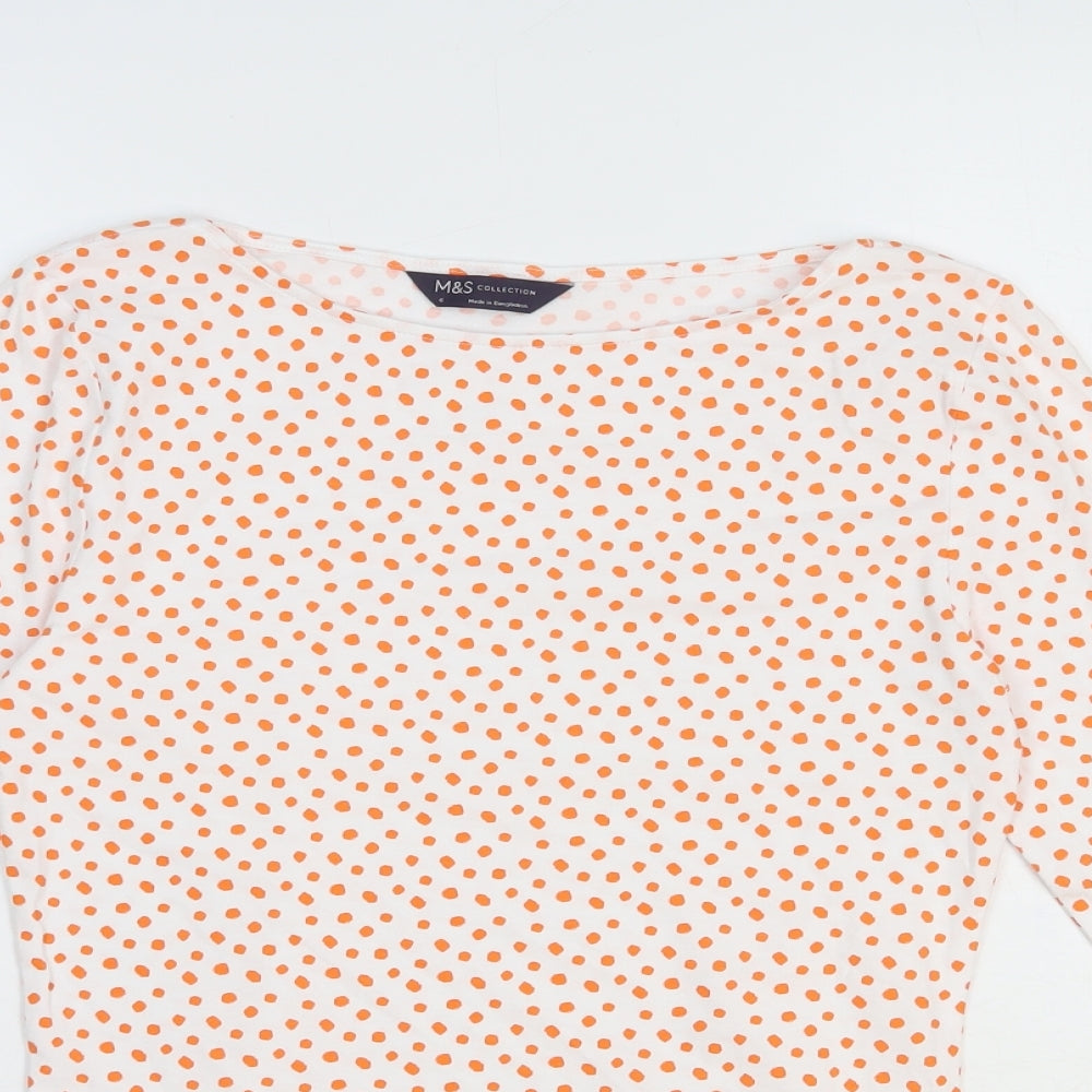 Marks and Spencer Womens White Animal Print Cotton Basic T-Shirt Size 6 Boat Neck