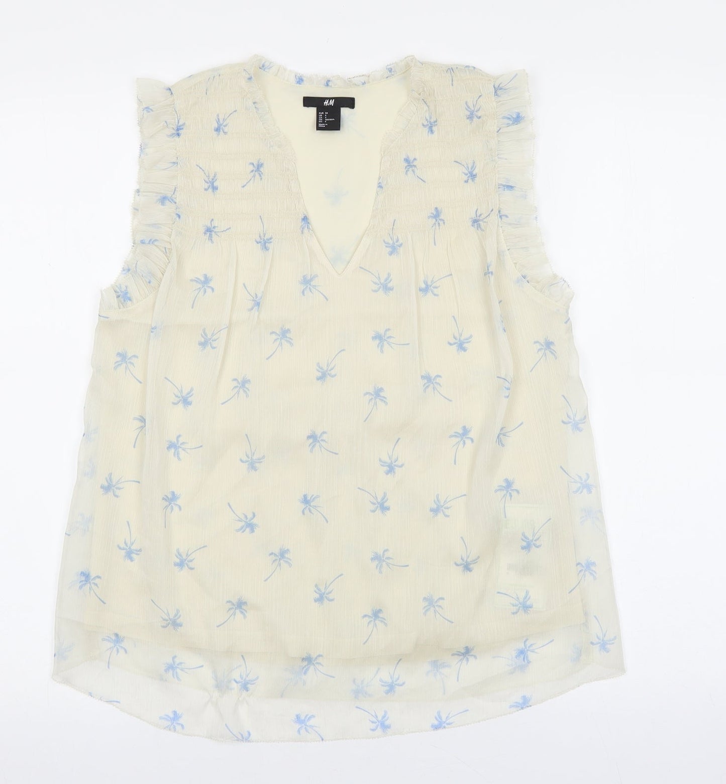 H&M Womens Ivory Floral Polyester Basic Blouse Size 4 V-Neck - Palm Tree Print