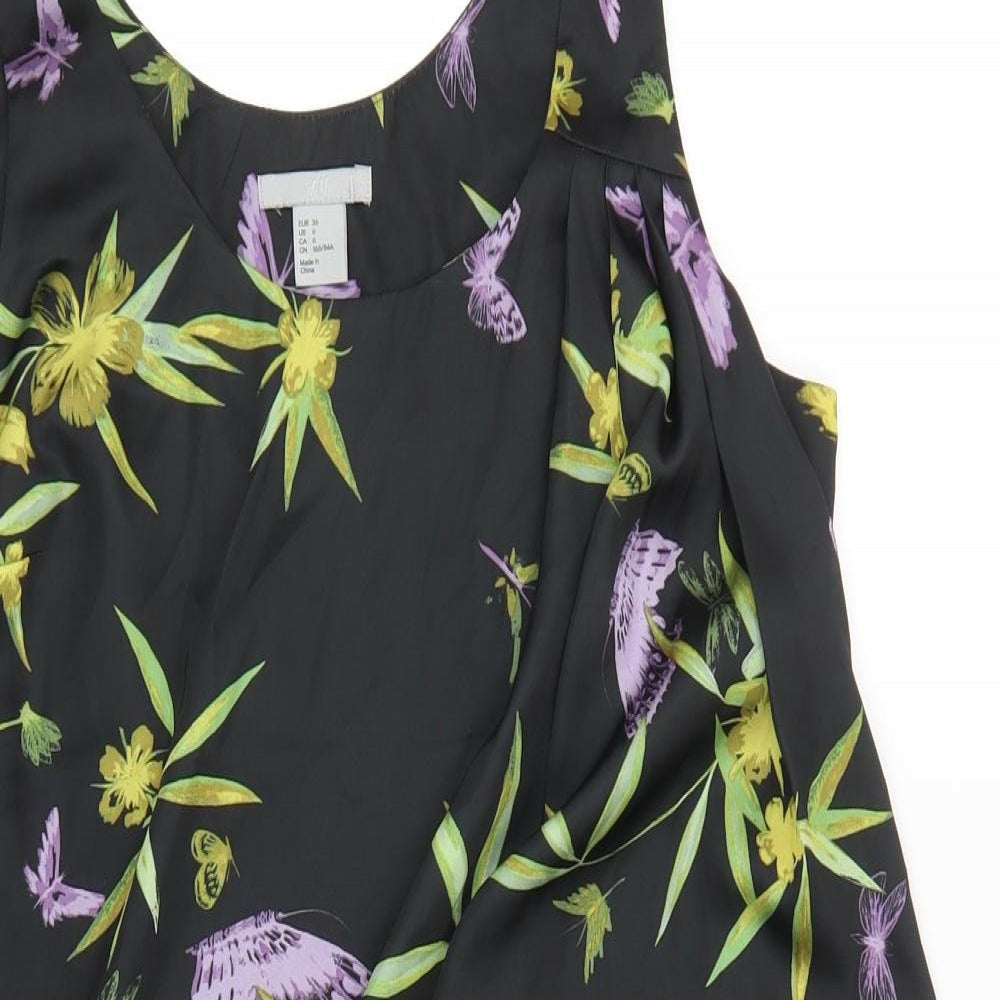 H&M Womens Black Floral Polyester Tank Dress Size 6 Scoop Neck Pullover