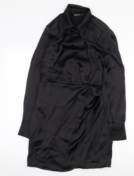 Stradivarius Womens Black Herringbone Polyester Shift Size S Collared Zip