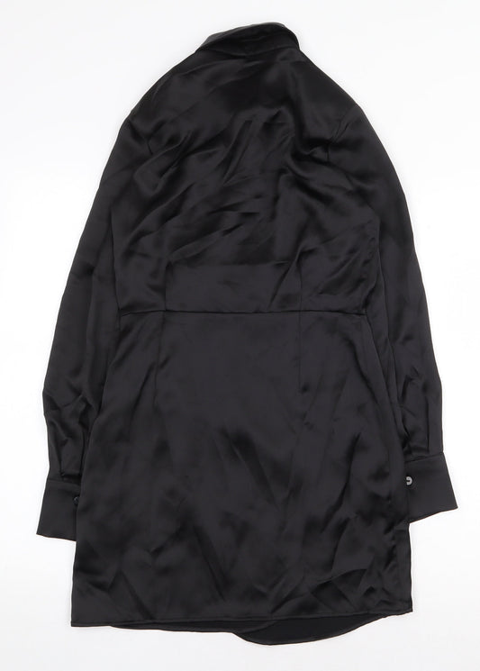 Stradivarius Womens Black Herringbone Polyester Shift Size S Collared Zip