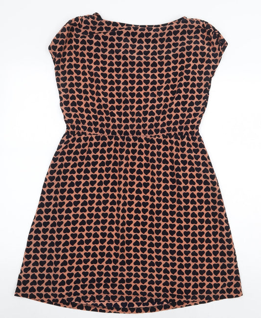 Maisy Womens Orange Geometric Polyester Skater Dress Size XS Boat Neck Pullover - Heart Print