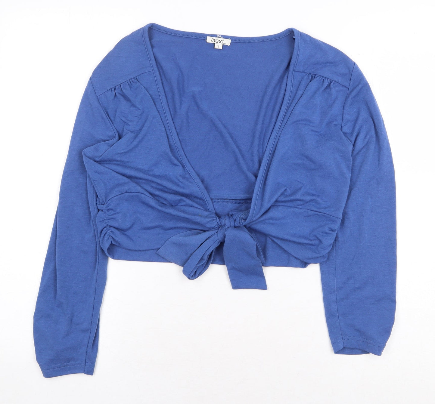 Text Womens Blue Polyester Cropped T-Shirt Size S V-Neck - Knot Front