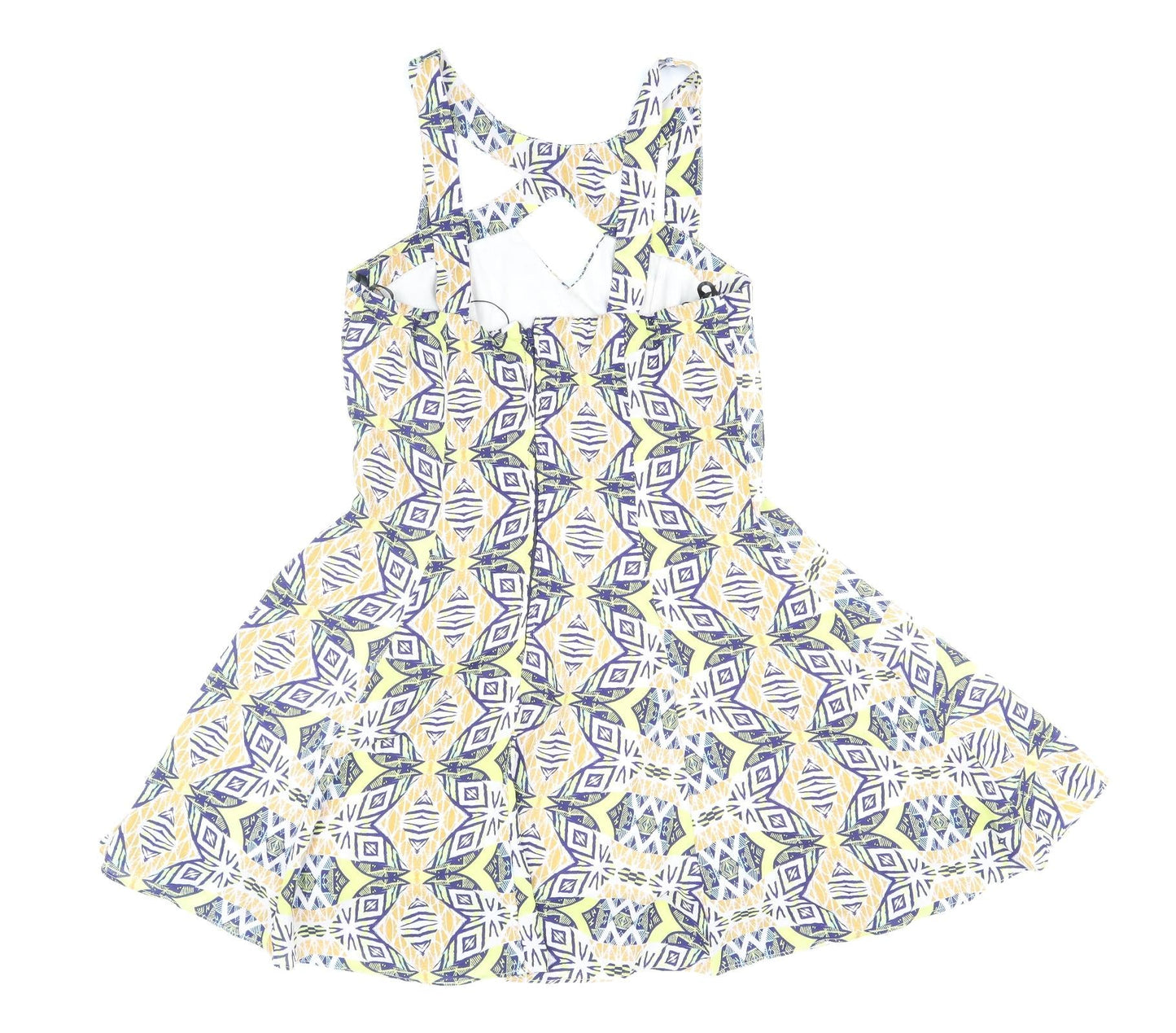 Missguided Womens Multicoloured Geometric Polyester Skater Dress Size 10 V-Neck Zip