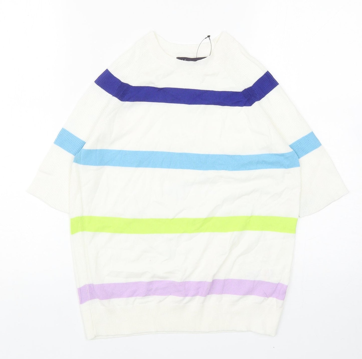 Marks and Spencer Womens White Round Neck Striped Cotton Pullover Jumper Size S
