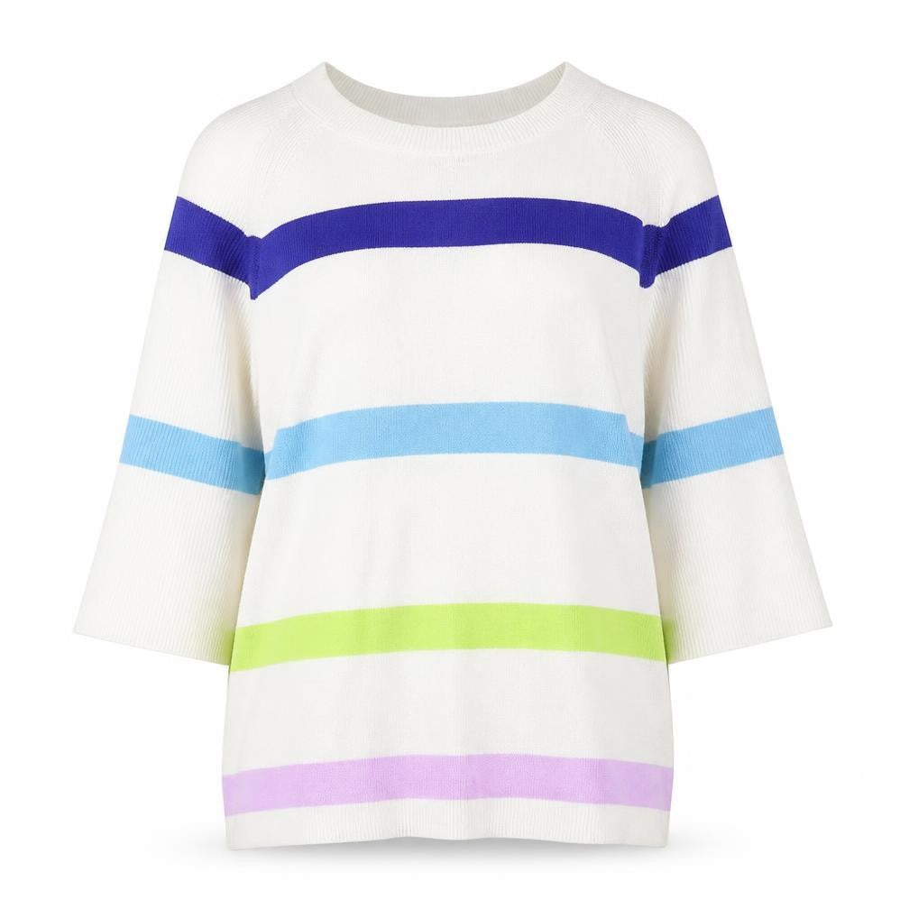 Marks and Spencer Womens White Round Neck Striped Cotton Pullover Jumper Size S