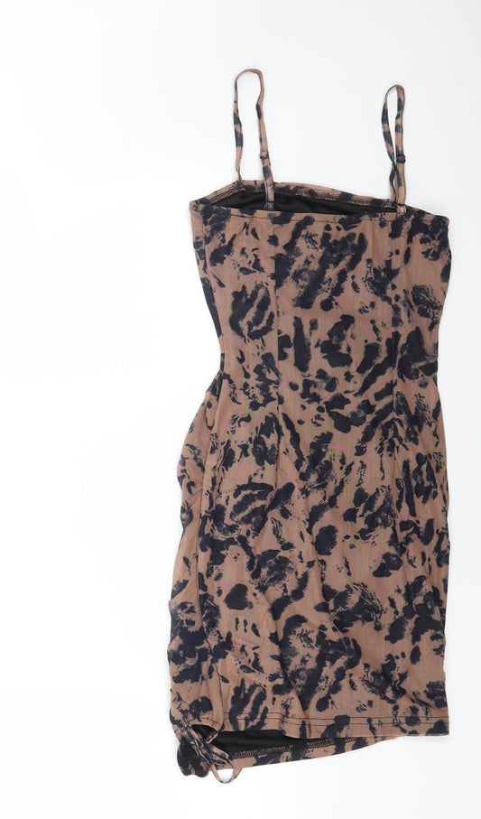 Mana Womens Brown Animal Print Polyester Mini Size 6 Square Neck Pullover