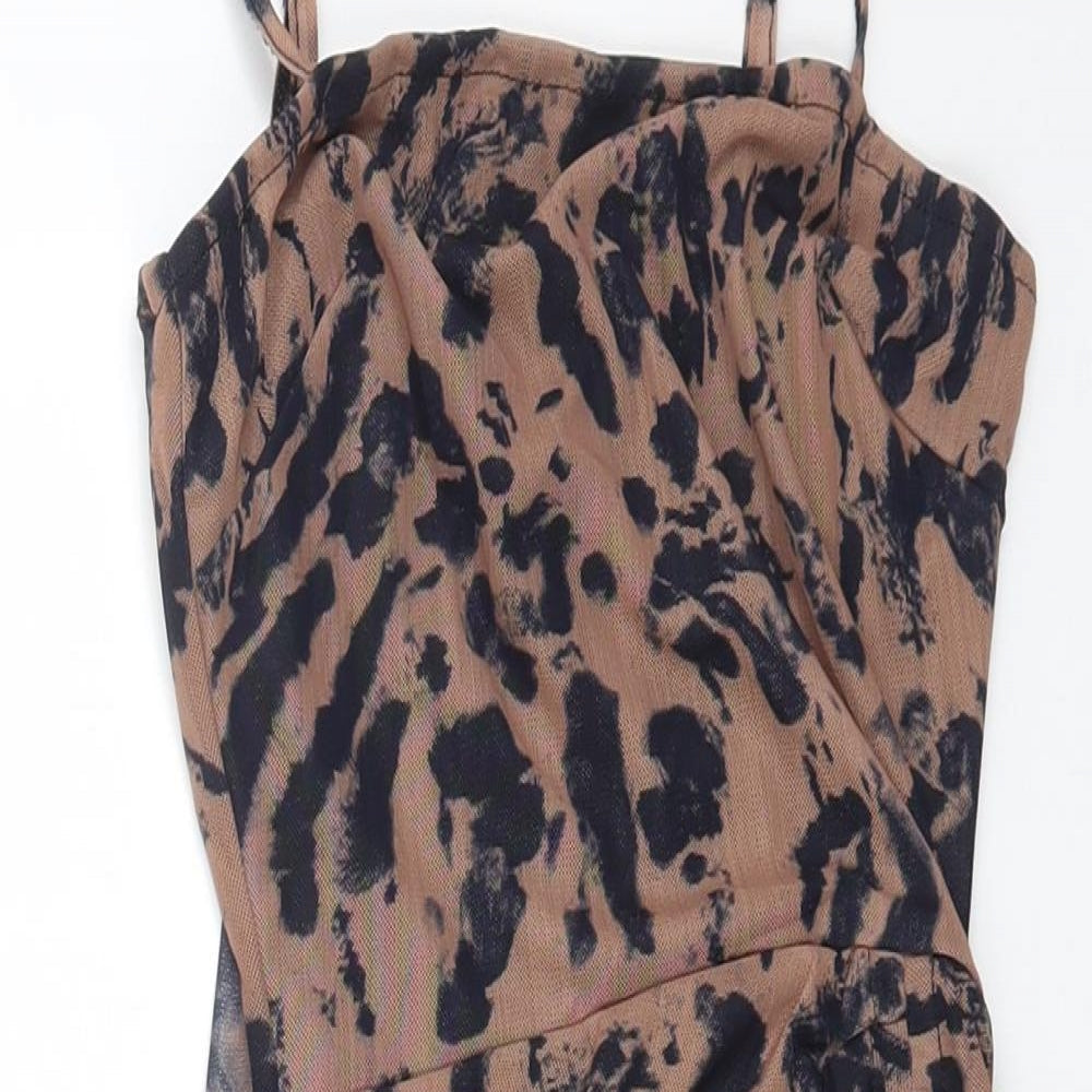 Mana Womens Brown Animal Print Polyester Mini Size 6 Square Neck Pullover