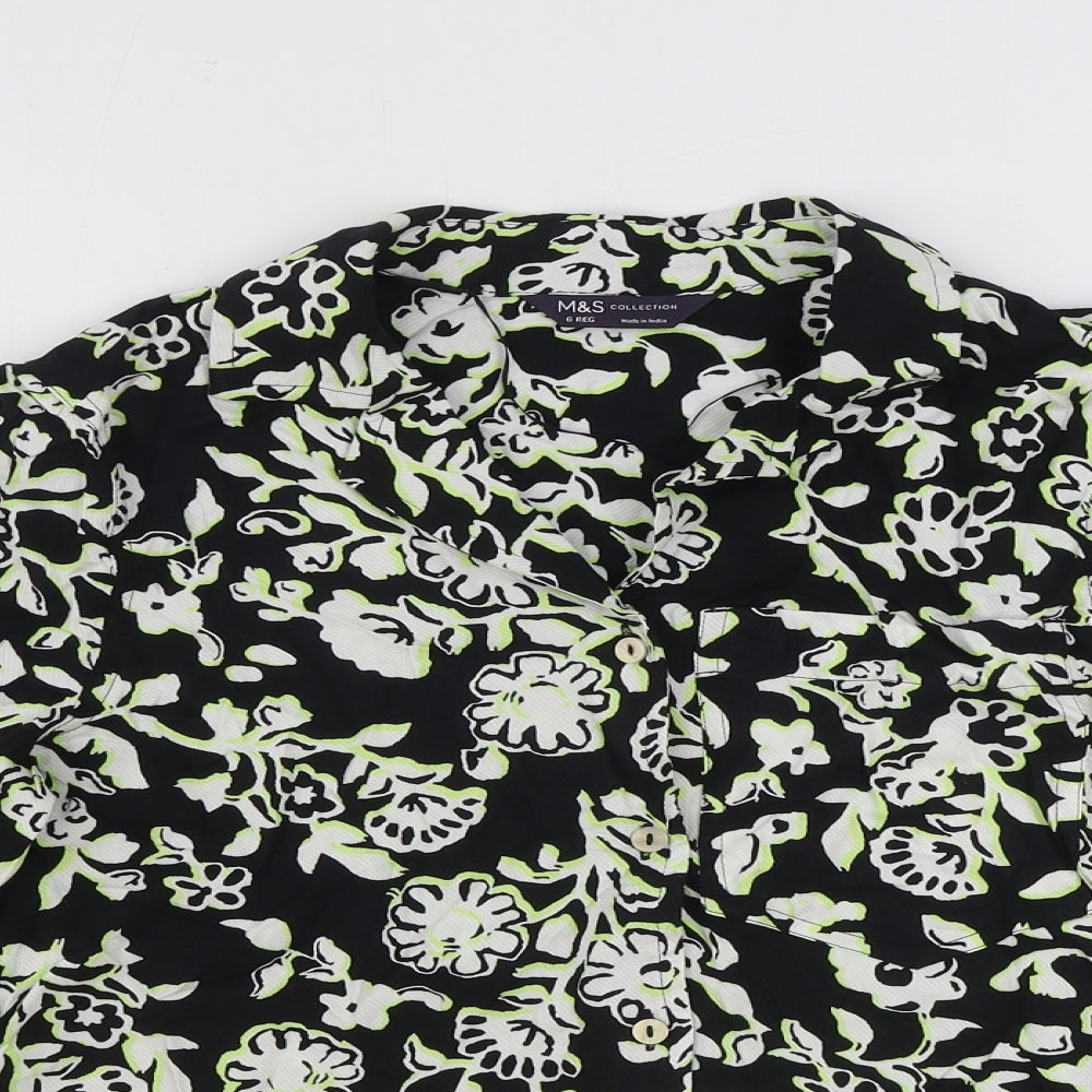 Marks and Spencer Womens Black Floral Viscose Basic Button-Up Size 6 Collared