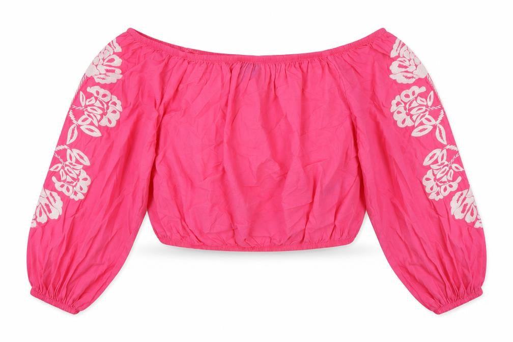 Marks and Spencer Womens Pink Floral 100% Cotton Cropped Blouse Size 16 Off the Shoulder