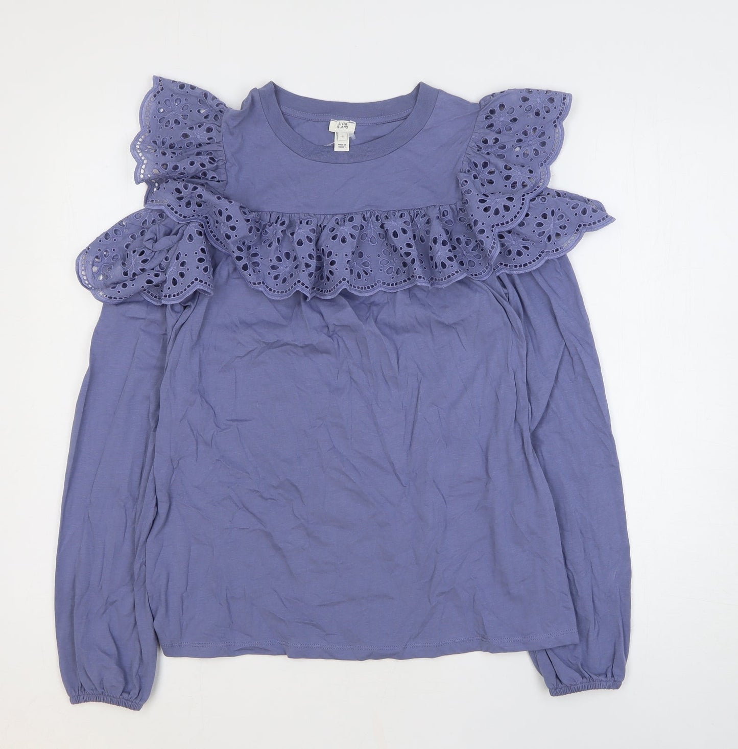 River Island Womens Blue Floral 100% Cotton Basic Blouse Size 8 Round Neck - Cold Shoulder