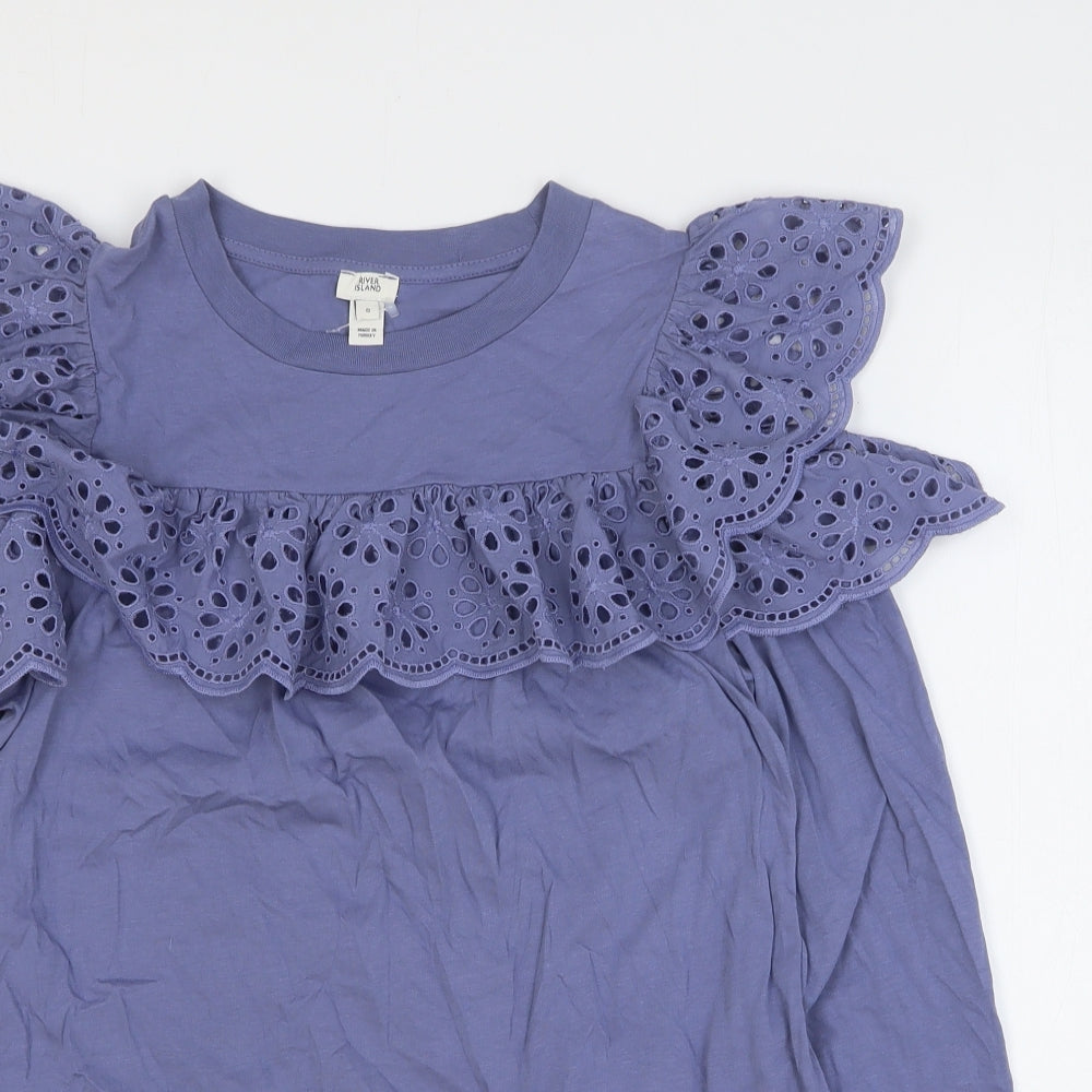 River Island Womens Blue Floral 100% Cotton Basic Blouse Size 8 Round Neck - Cold Shoulder