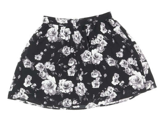 Moves Womens Black Floral Polyester Skater Skirt Size 12 Zip