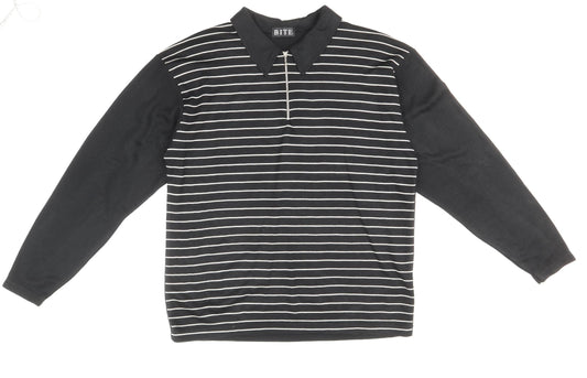 Bite Mens Black Collared Striped Acrylic Pullover Jumper Size M
