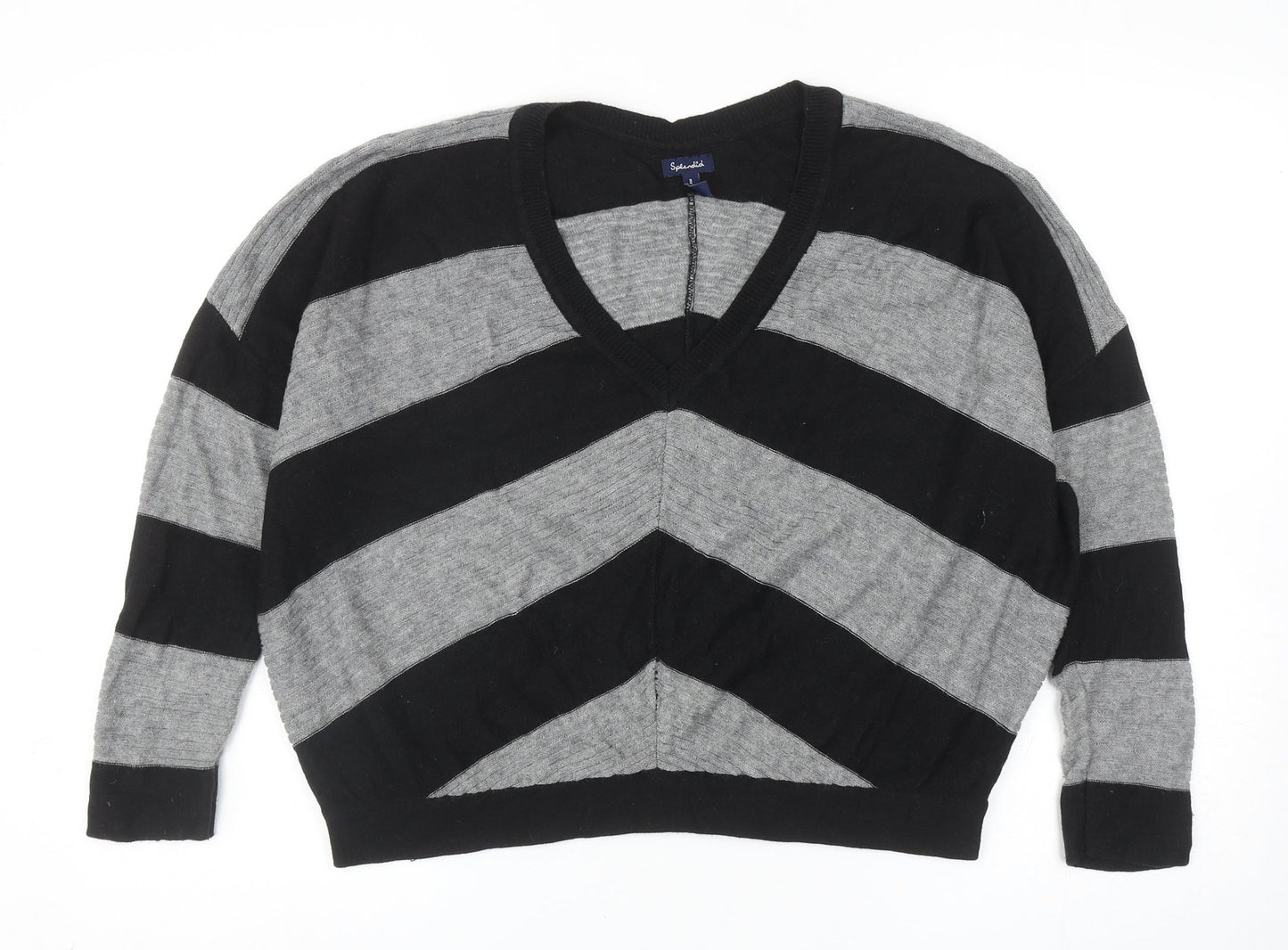 Splendid Womens Black V-Neck Striped Nylon Pullover Jumper Size M
