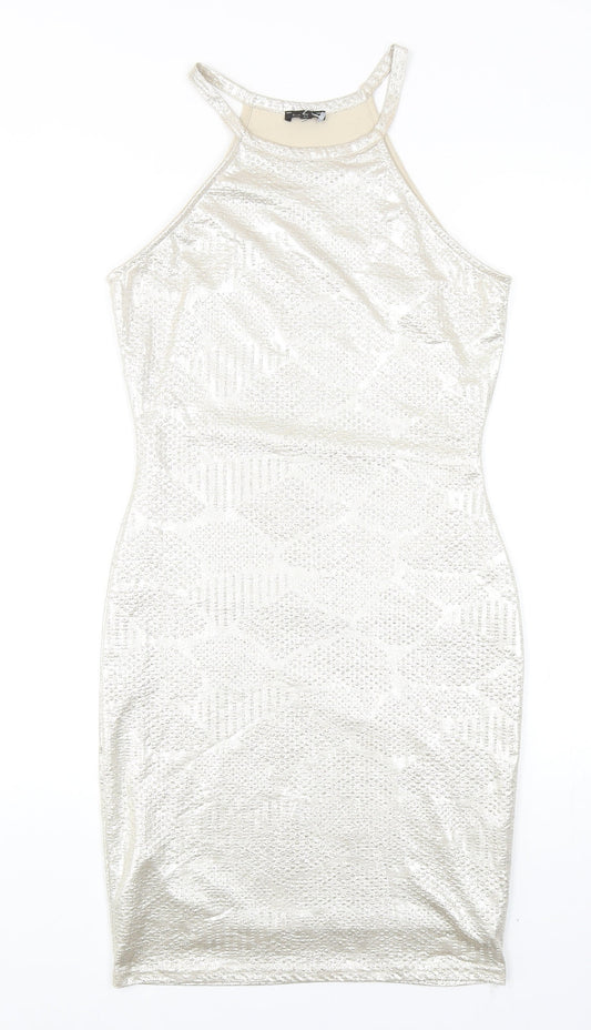 River Island Womens Gold Geometric Polyester Bodycon Size 8 Round Neck Pullover