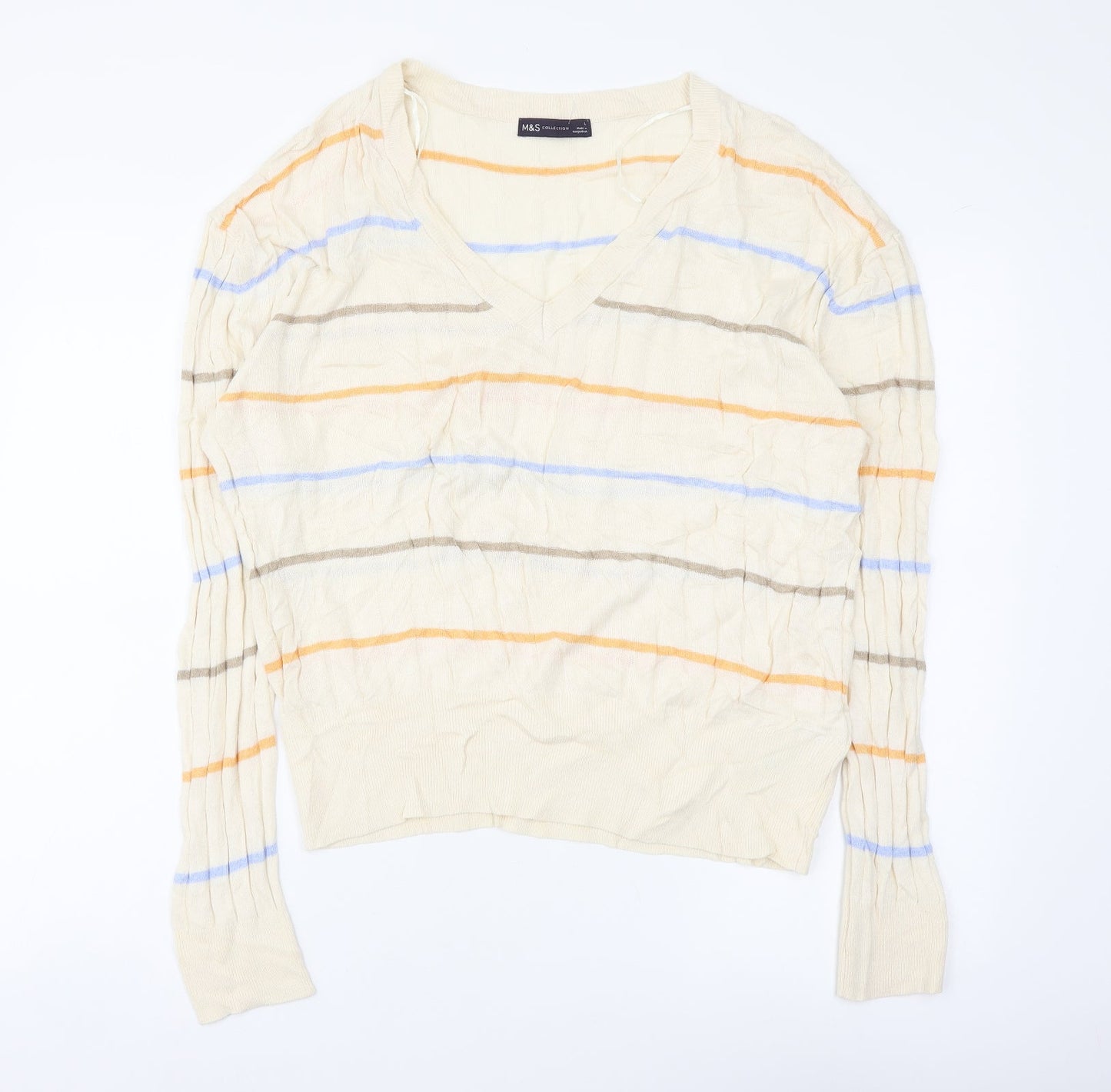 Marks and Spencer Womens Multicoloured V-Neck Striped Viscose Pullover Jumper Size L