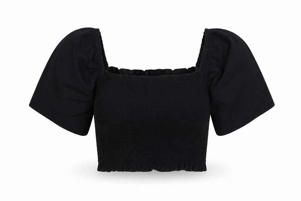 Boohoo Womens Black Cotton Cropped T-Shirt Size 4 Square Neck - Shirred Bust