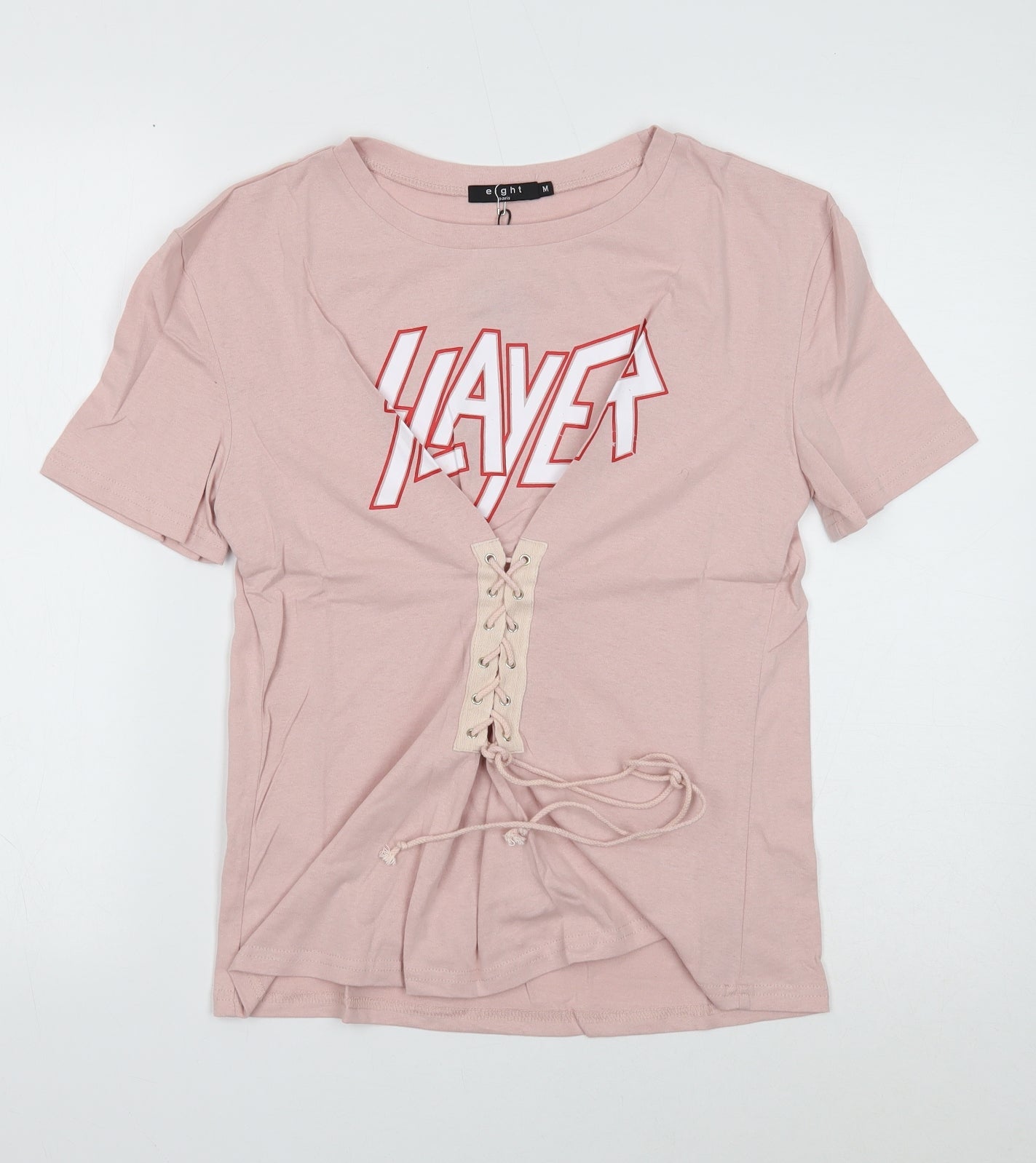 Eight Paris Womens Pink Cotton Basic T-Shirt Size M Round Neck - Slayer Lace up