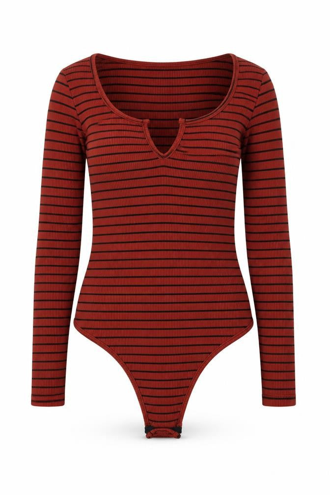 I SAW IT FIRST Womens Brown Striped Polyester Bodysuit One-Piece Size 8 Pullover