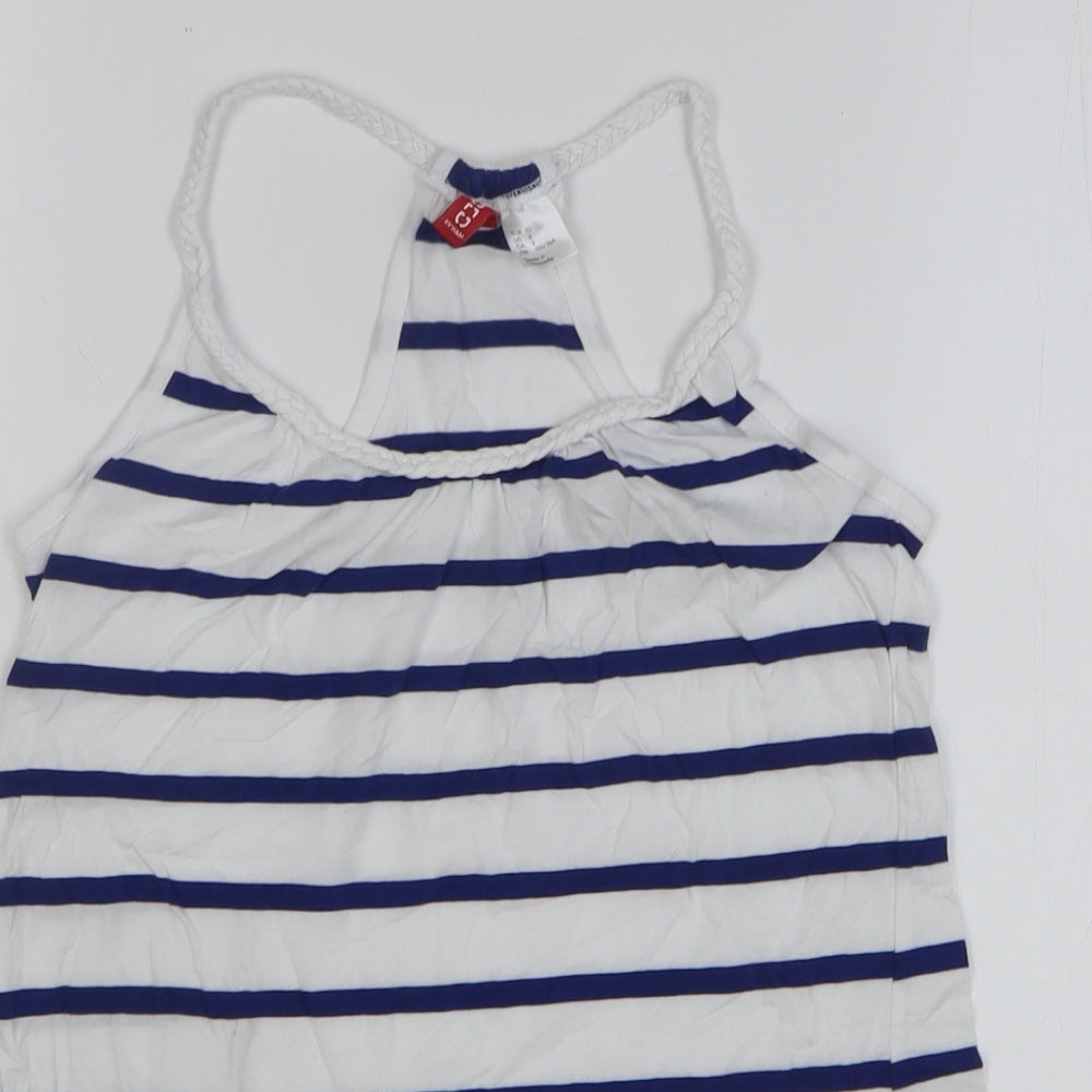 H&M Womens White Striped 100% Cotton Basic Tank Size 4 Round Neck