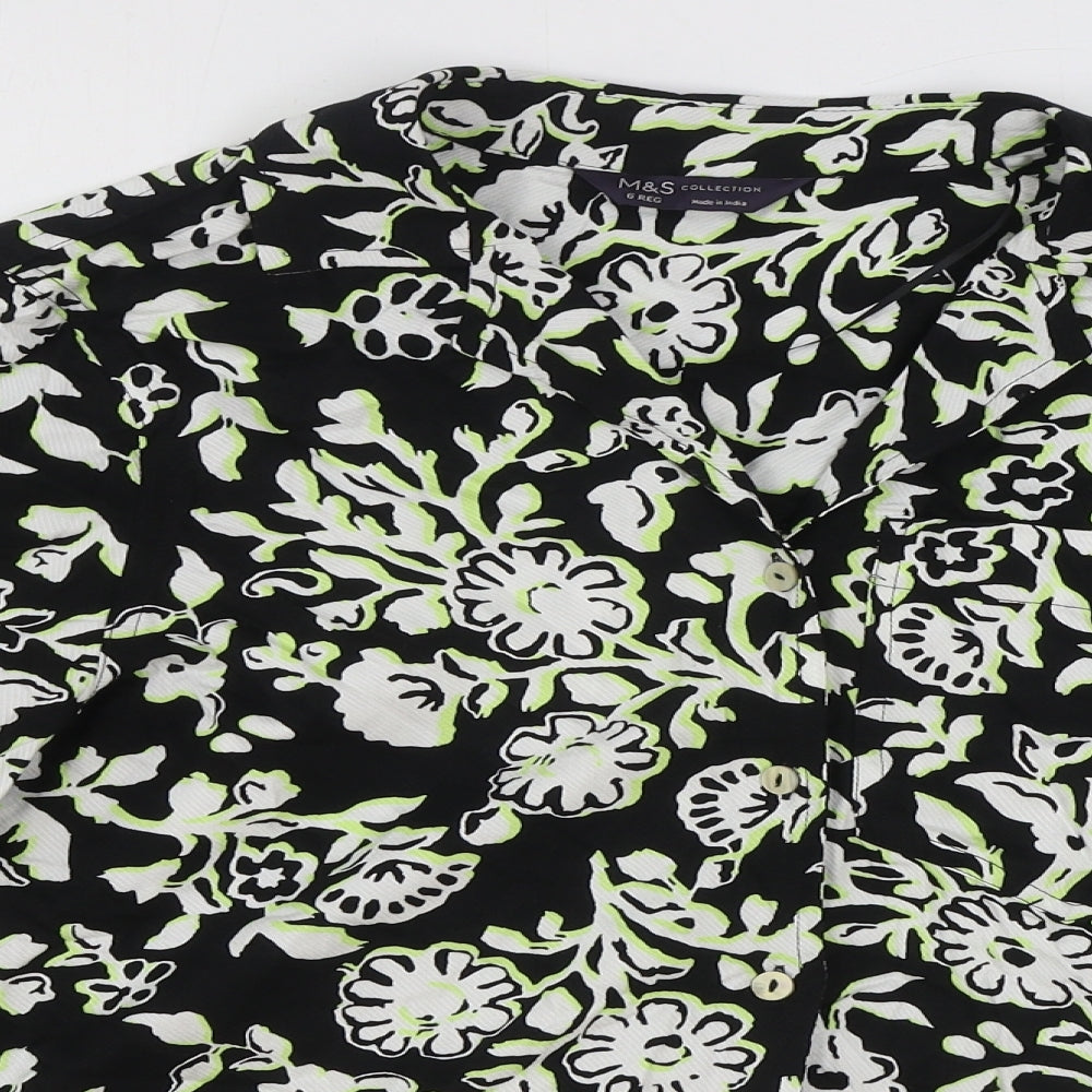 Marks and Spencer Womens Black Geometric Viscose Basic Button-Up Size 6 V-Neck