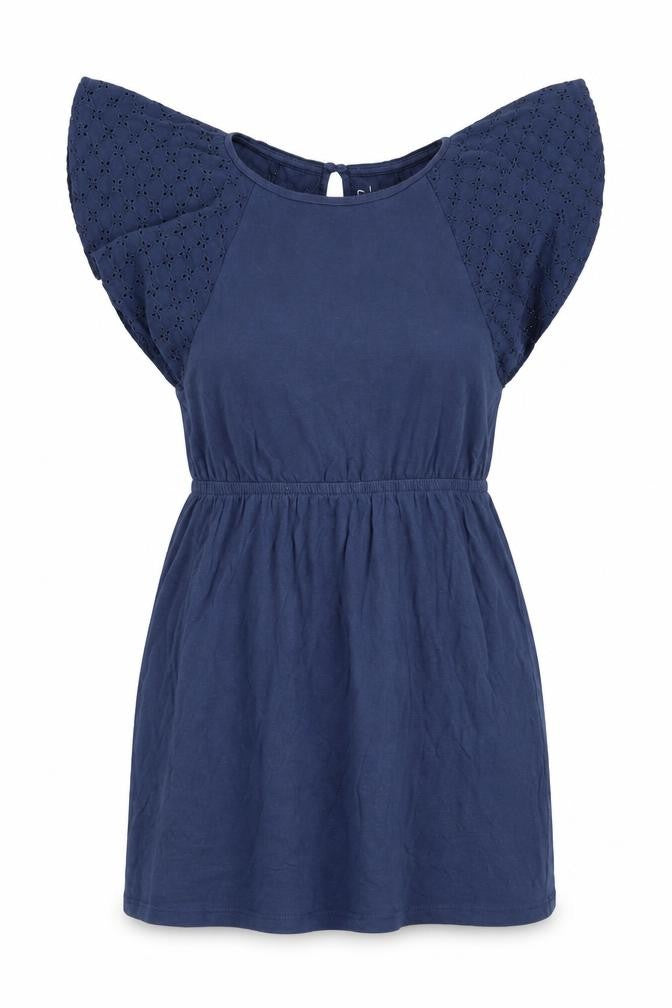 Essentials Womens Blue 100% Cotton Mini Size 6 Round Neck Button - Broderie Anglaise