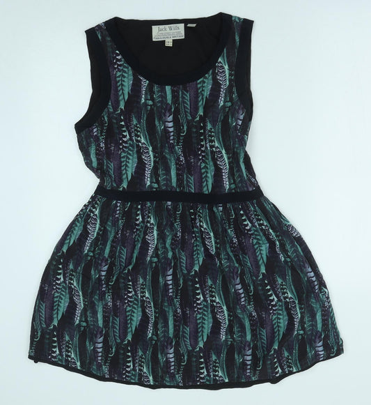 Jack Wills Womens Green Geometric Polyester Fit & Flare Size 10 Scoop Neck Zip