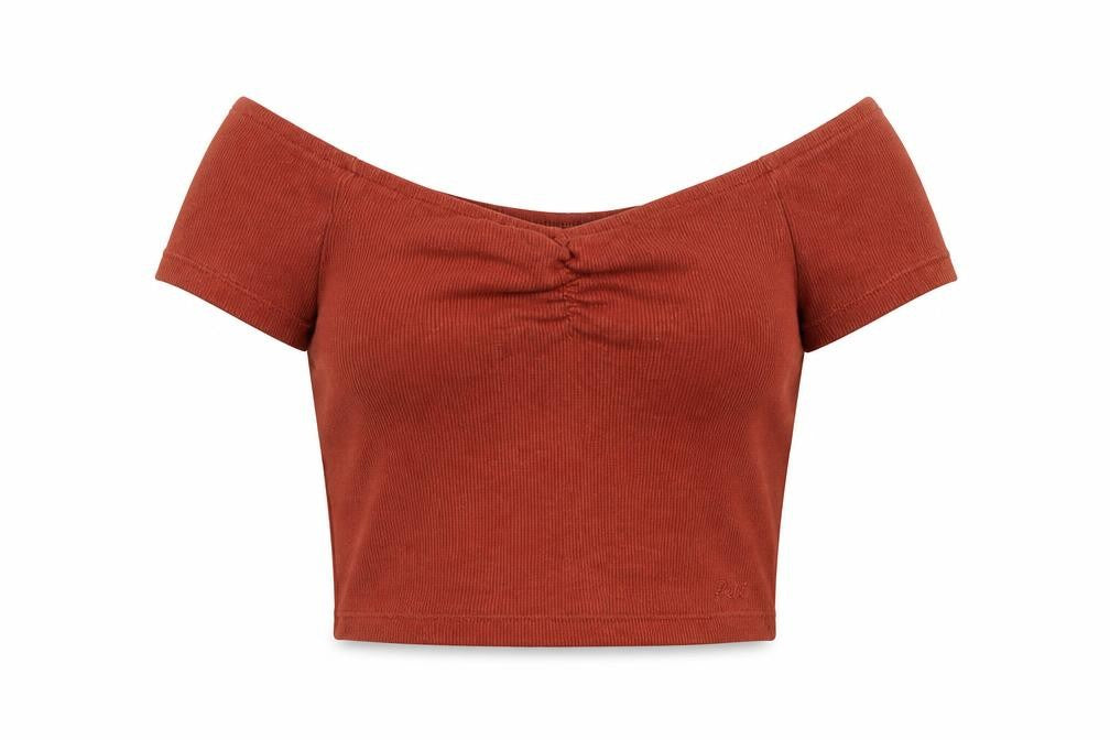 Pure Womens Orange Cotton Cropped T-Shirt Size S Off the Shoulder - Ribbed