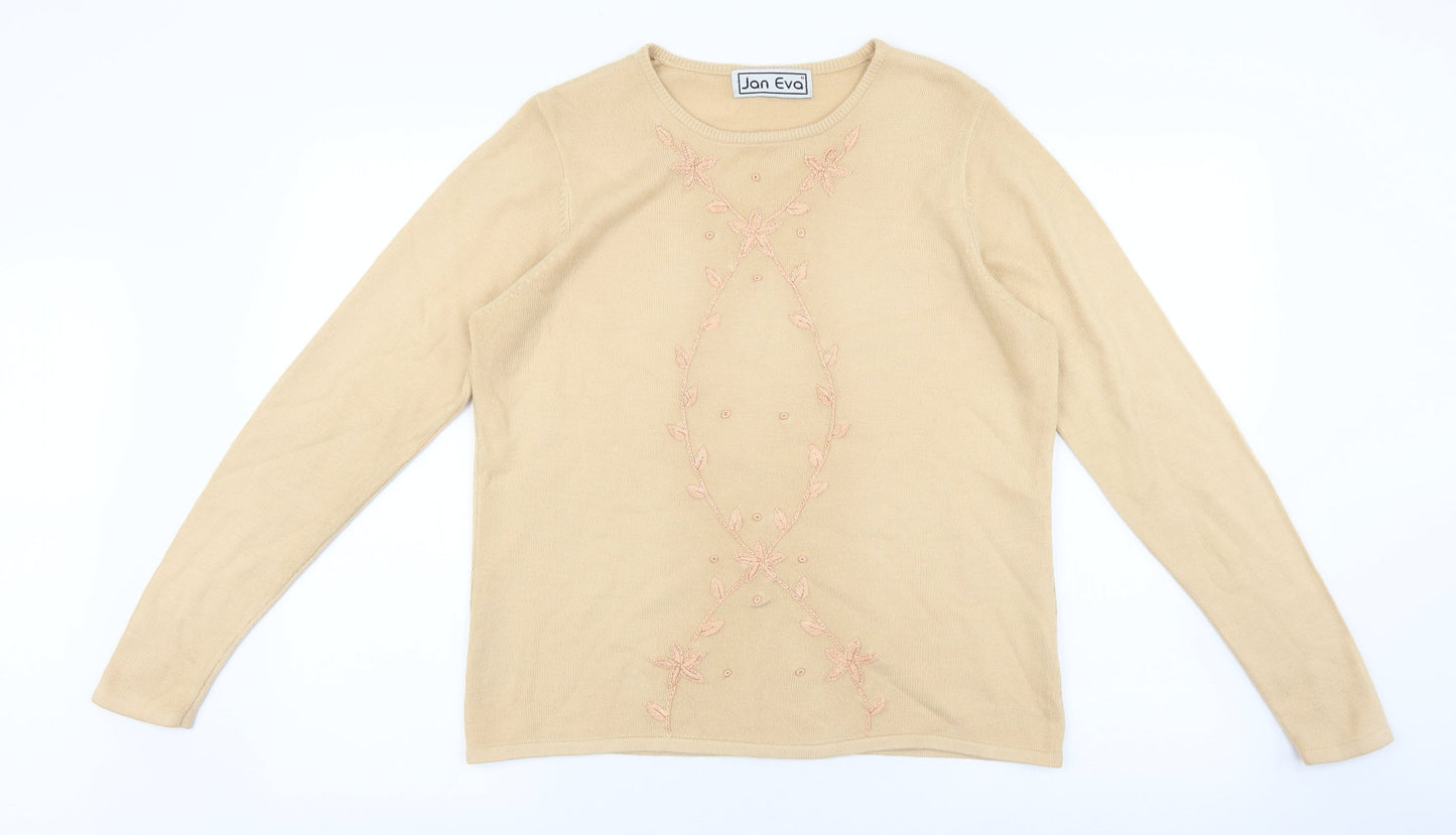 Jan Eva Womens Beige Round Neck Acrylic Pullover Jumper Size L - Flower Detail
