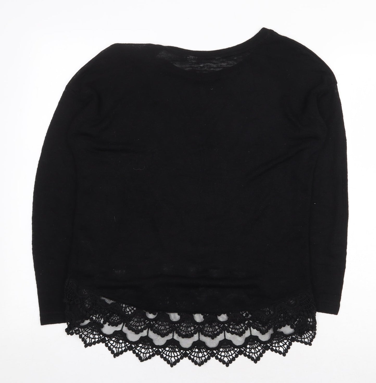 Debenhams Womens Black Herringbone Viscose Basic Blouse Size 10 Boat Neck - Lace Trim