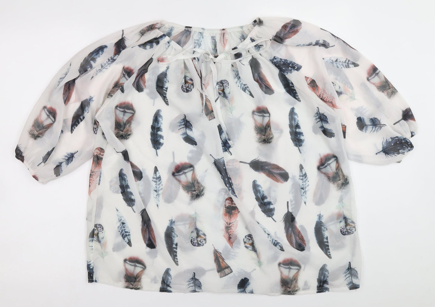Preworn Womens White Geometric Polyester Basic Blouse Size 10 Boat Neck - Feather Print