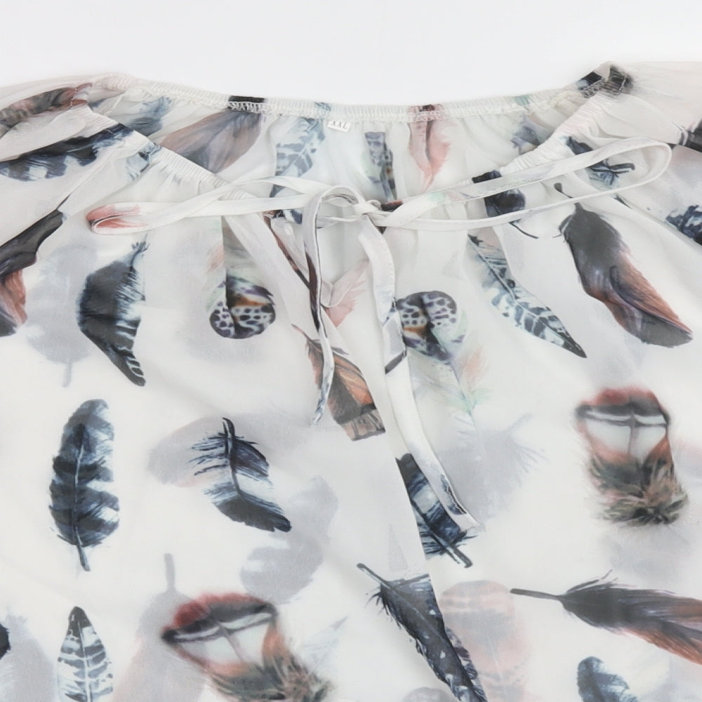 Preworn Womens White Geometric Polyester Basic Blouse Size 10 Boat Neck - Feather Print
