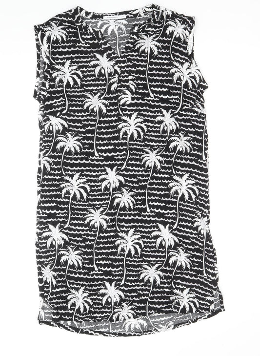 Monoprix Femme Womens Black Geometric Viscose Shift Size 10 V-Neck Button - Palm Tree Print