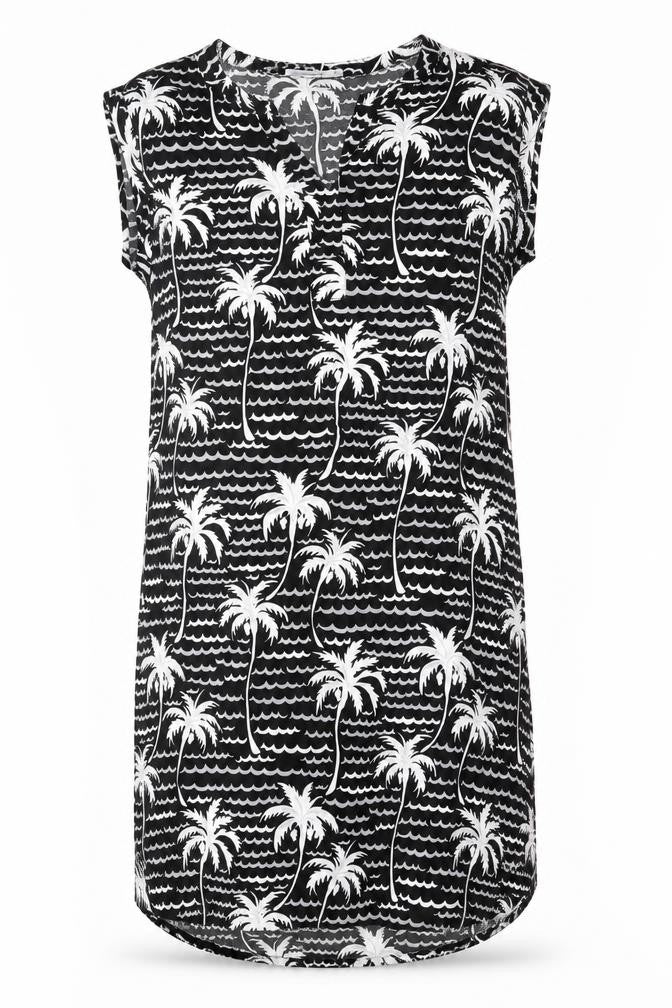 Monoprix Femme Womens Black Geometric Viscose Shift Size 10 V-Neck Button - Palm Tree Print