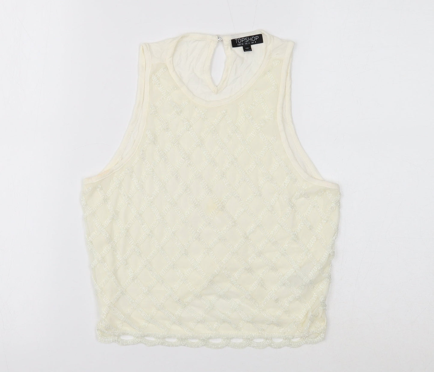 Topshop Womens White Geometric Viscose Basic Tank Size 8 Round Neck