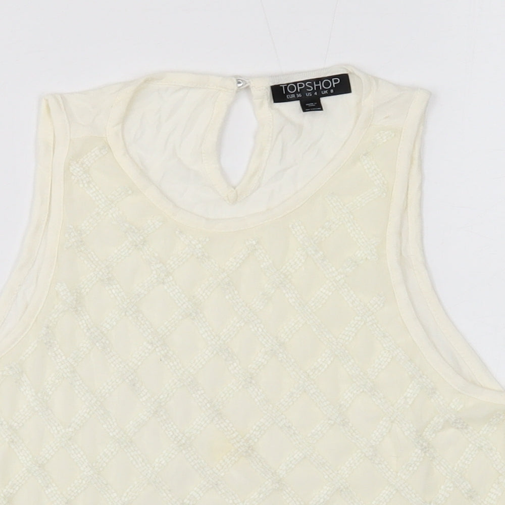 Topshop Womens White Geometric Viscose Basic Tank Size 8 Round Neck