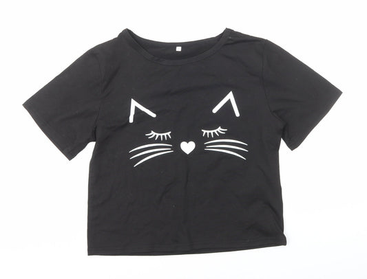 Preworn Girls Black Polyester Basic T-Shirt Size S Round Neck Pullover - Cat