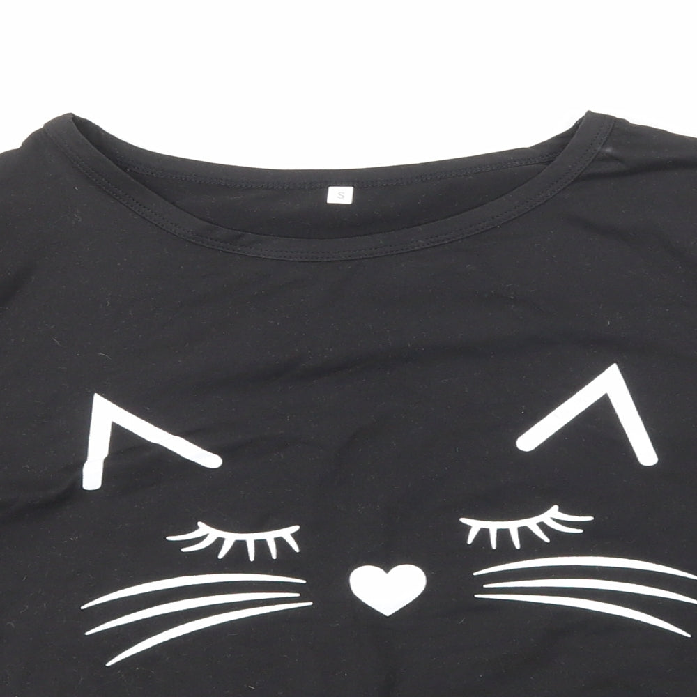 Preworn Girls Black Polyester Basic T-Shirt Size S Round Neck Pullover - Cat