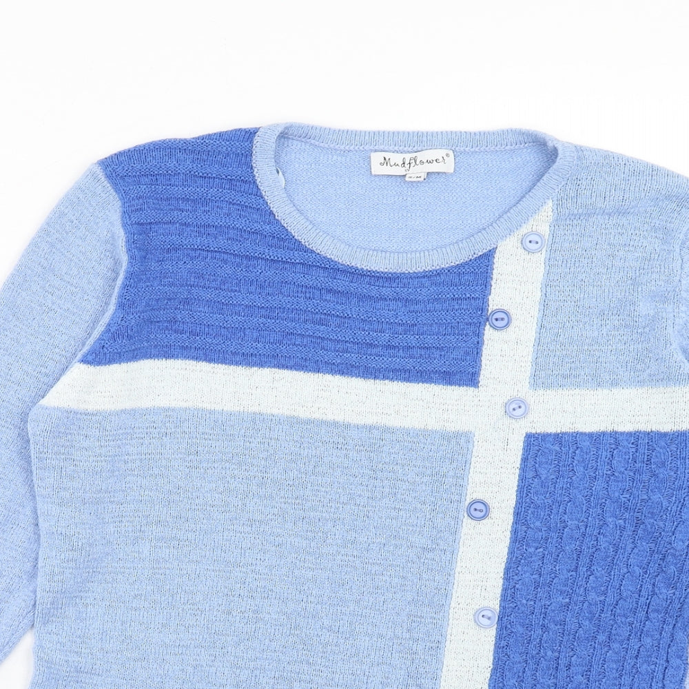 Mudflower Womens Blue Round Neck Geometric Acrylic Pullover Jumper Size S