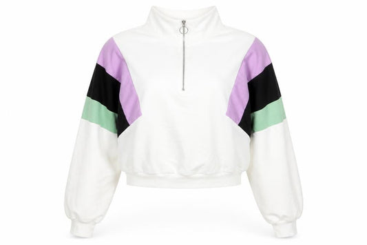 Preworn Womens White Colourblock Cotton Pullover Sweatshirt Size M Zip - Cropped