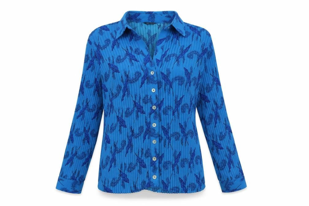 Bella Moda Womens Blue Geometric Polyester Basic Button-Up Size 12 Collared - Ribbed