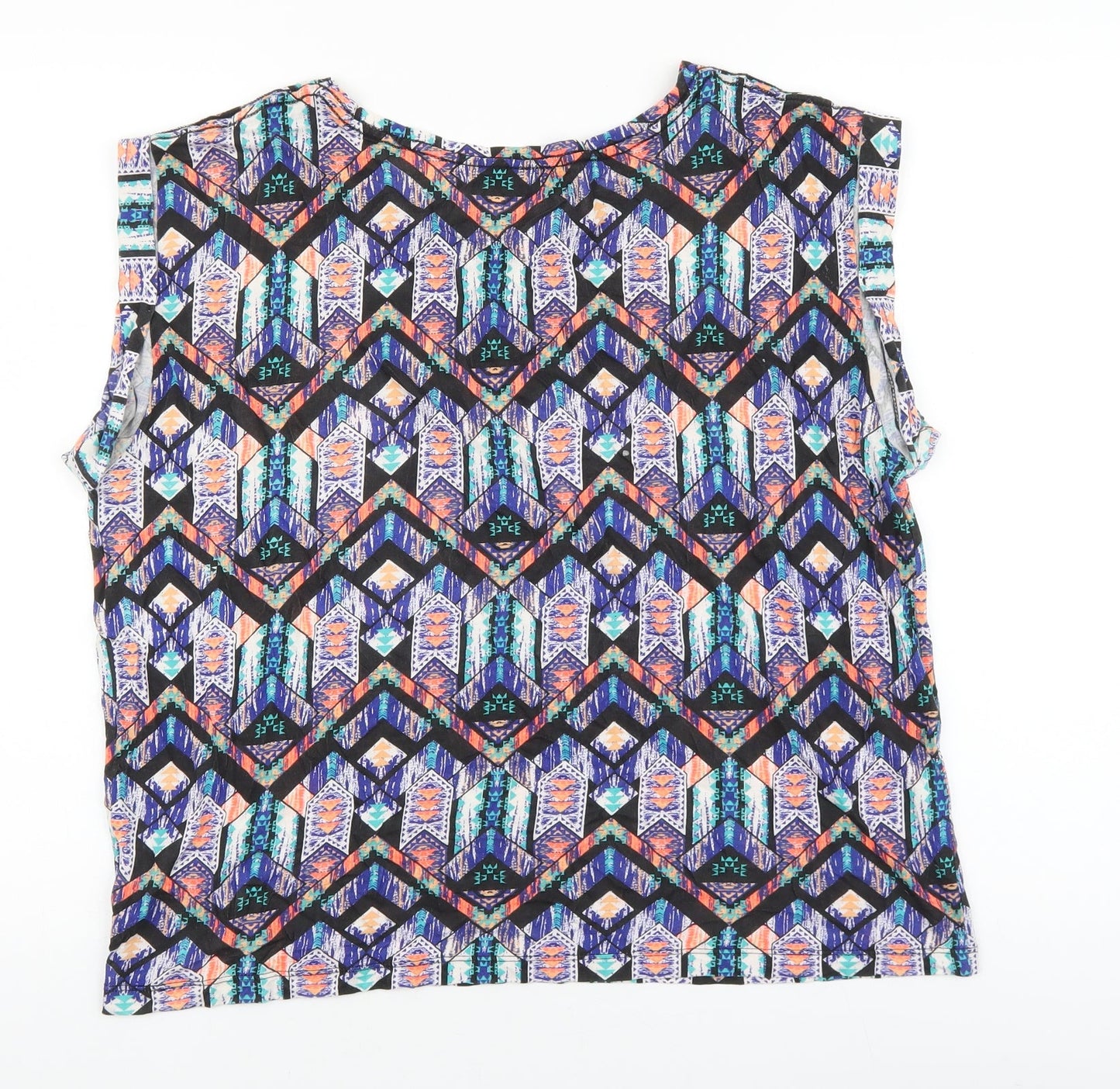 New Look Womens Multicoloured Geometric Cotton Basic T-Shirt Size 14 Round Neck