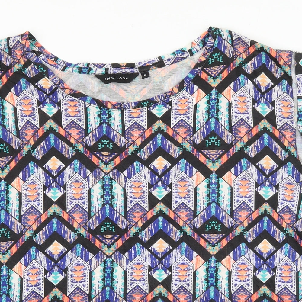New Look Womens Multicoloured Geometric Cotton Basic T-Shirt Size 14 Round Neck