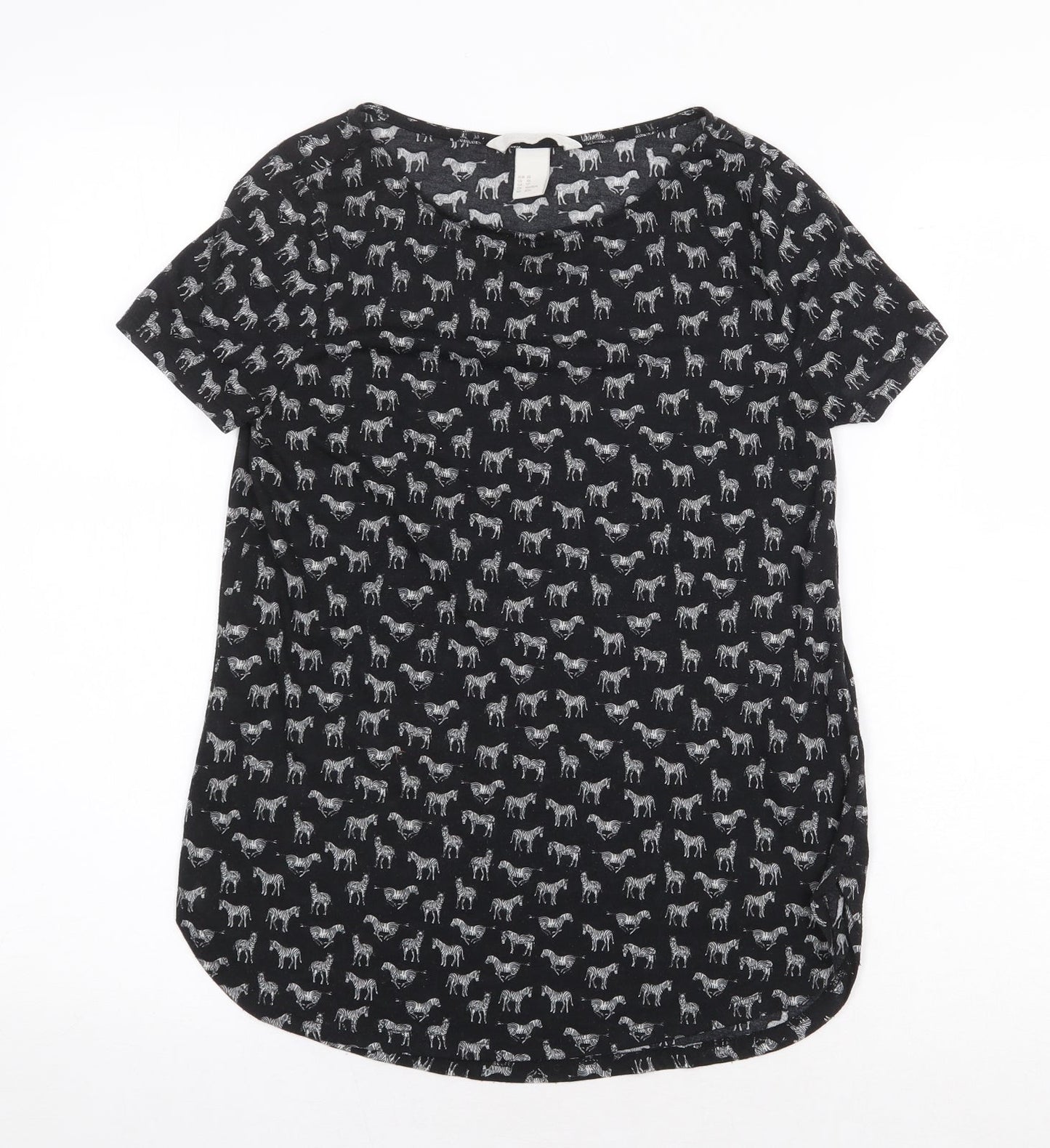 H&M Womens Black Geometric Polyester Basic T-Shirt Size XS Round Neck - Zebra