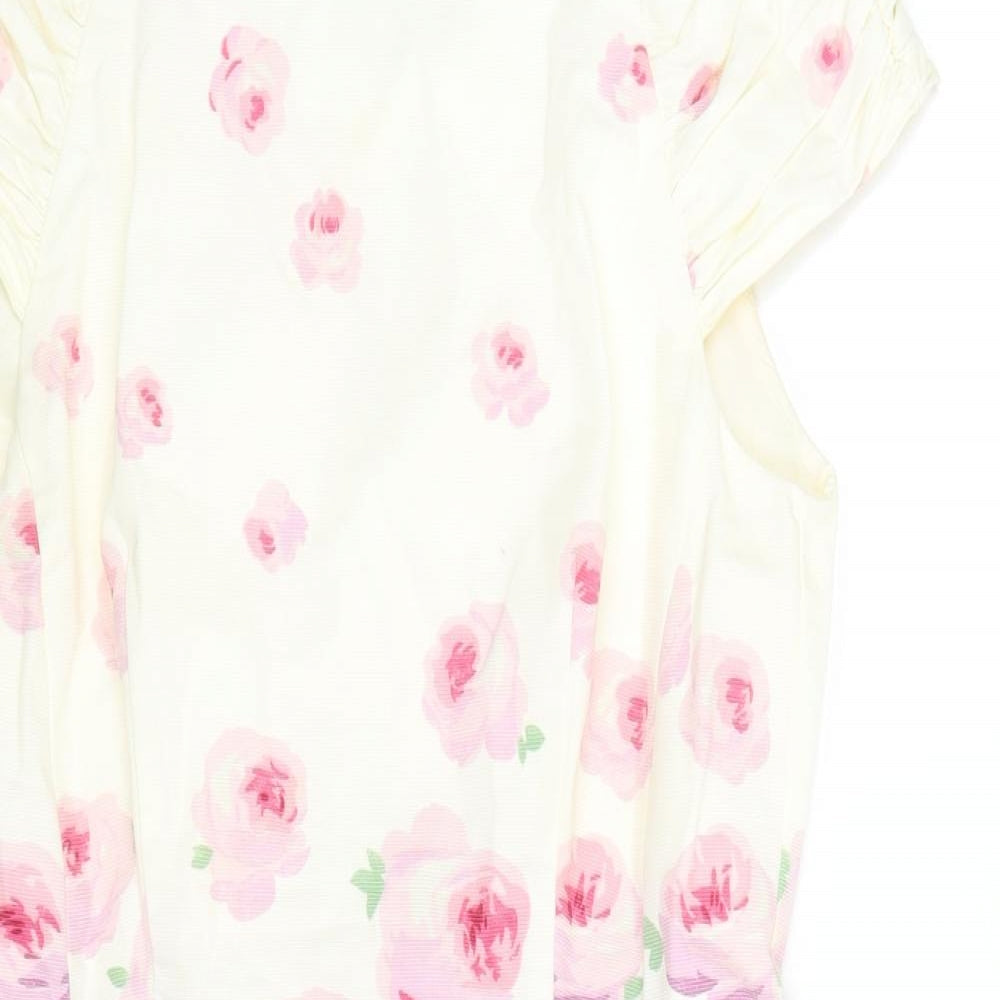Warehouse Womens White Floral Cotton Mini Size 12 Boat Neck Zip