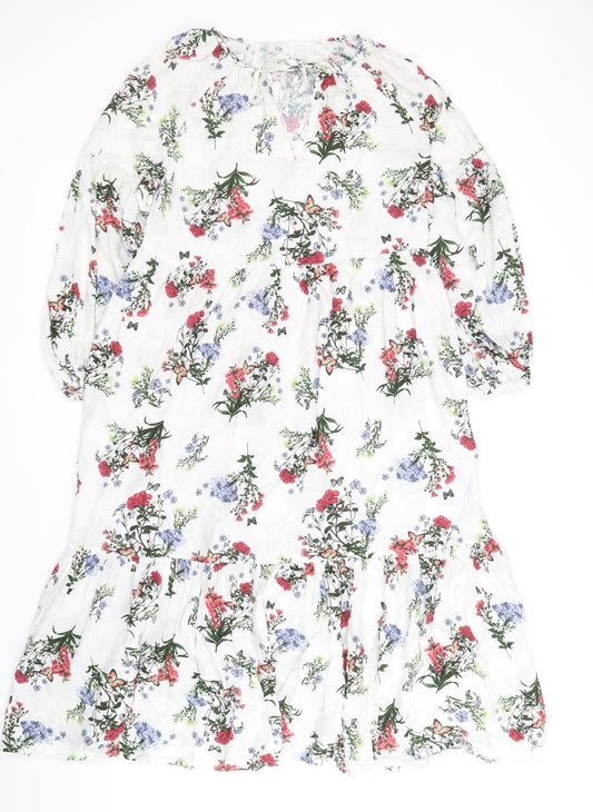 River Island Womens White Floral Cotton A-Line Size 8 Square Neck Tie