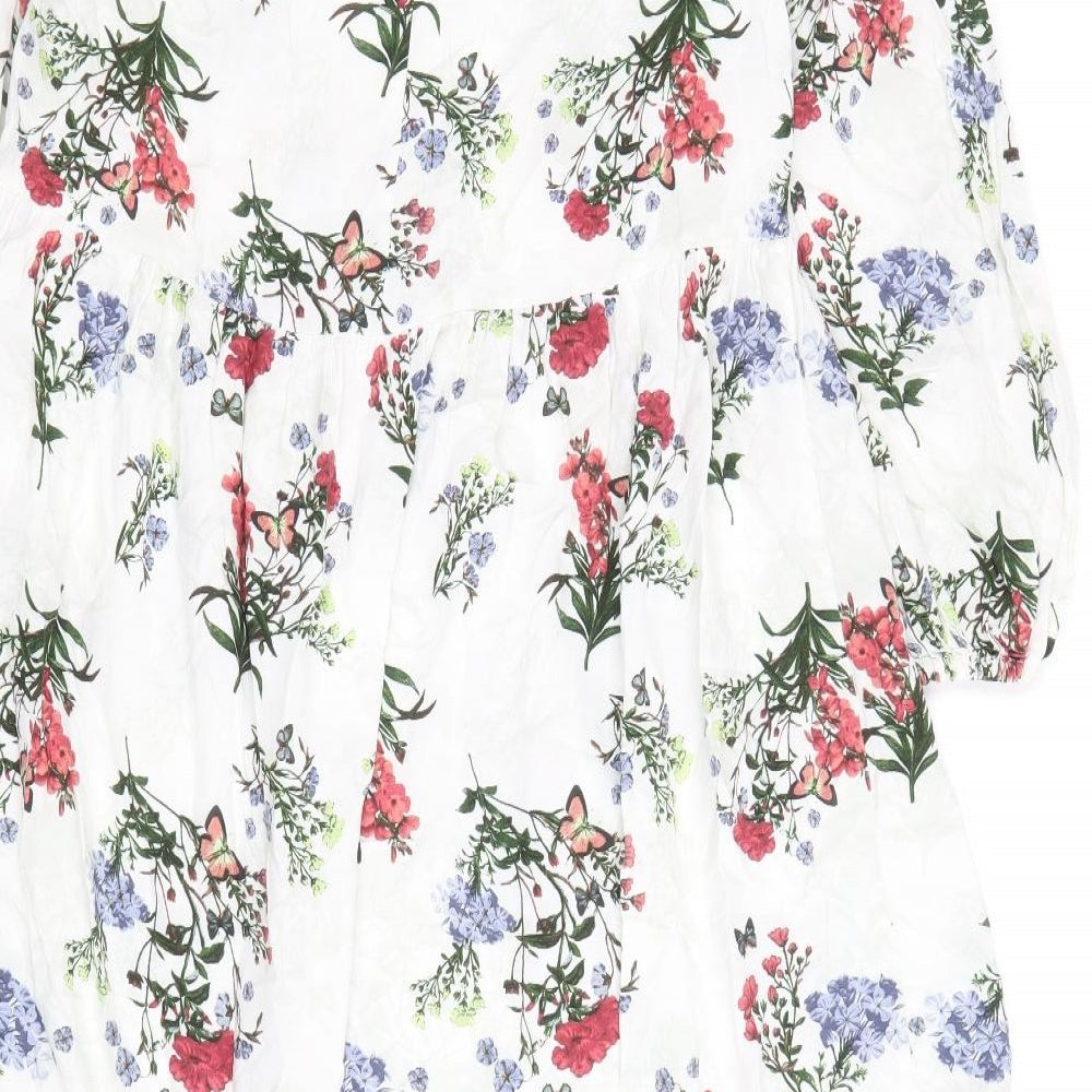 River Island Womens White Floral Cotton A-Line Size 8 Square Neck Tie